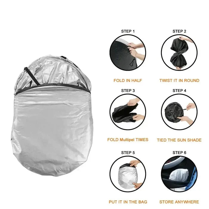 HBC Habicare folding car windshield sunshade visor blocking sunlight and heat for vehicle protection.