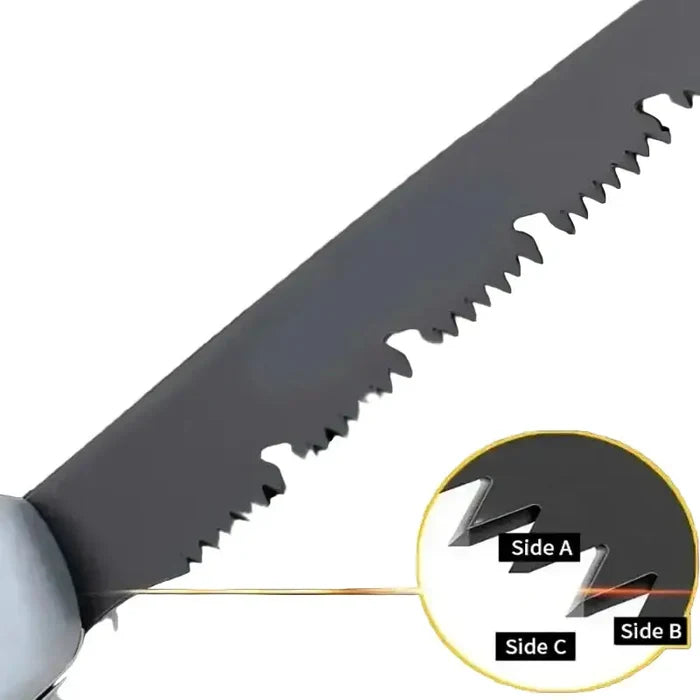 Stainless steel Habicare folding hand saw in various sizes, featuring a compact blade and ergonomic handle for easy cutting.