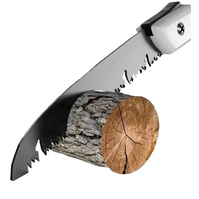 Stainless steel folding hand saw by Habicare with multiple sizes, featuring a sharp blade and ergonomic handle for outdoor cutting tasks.