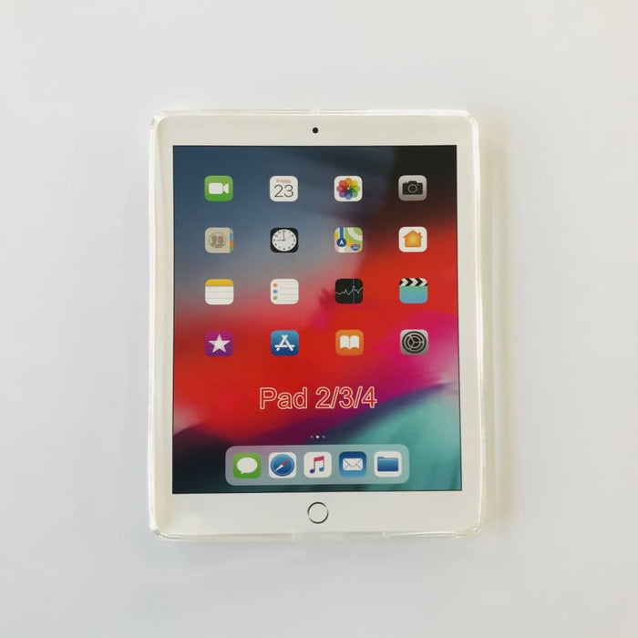 Clear full-body cover for iPad 2, 3, and 4, 9.7-inch, by 9eight5, showing the protective transparent case on the tablet.