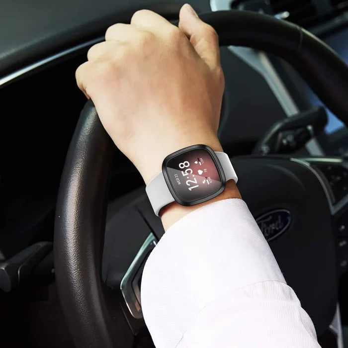 Habicare full cover watch case for Fitbit Sense 2, TWS style, showing black protective shell on a smartwatch screen.