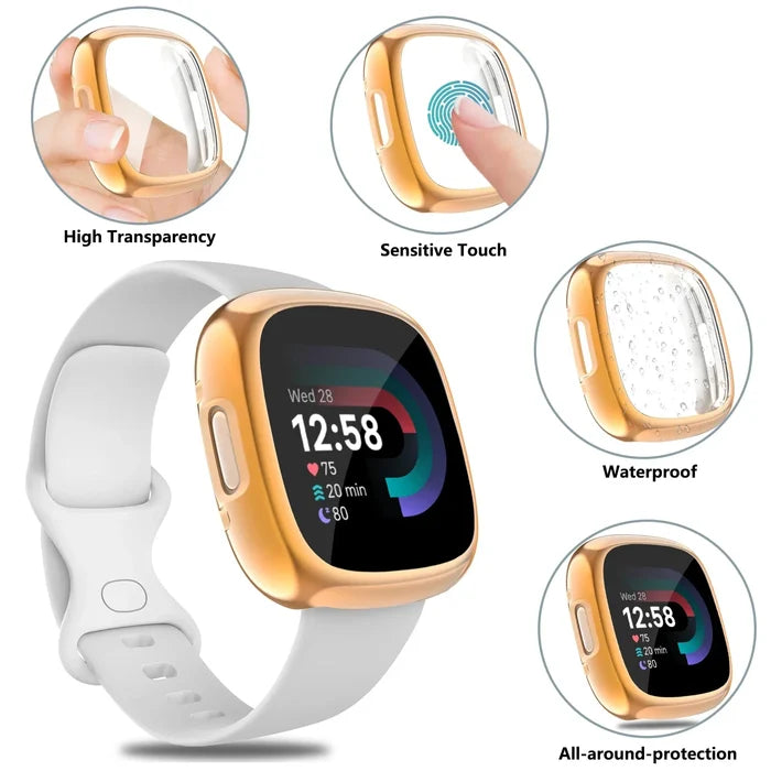 Full cover TWS watch case for Fitbit Sense 2 by Habicare, black silicone protector with precise cutouts for buttons and sensors.