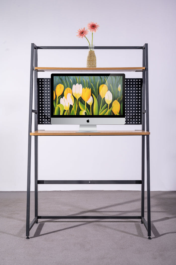 Black frame Garin computer desk with built-in shelf by sue-e furniture, featuring a modern design for workspace organization.