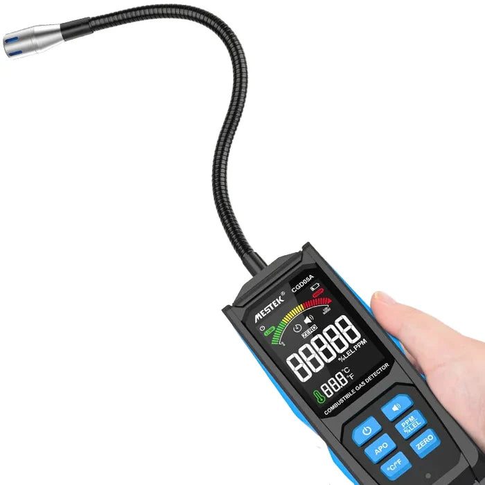 Habicare HBC gas leak detector displaying digital screen with readings from 0 to 50000 PPM for detecting gas leaks.