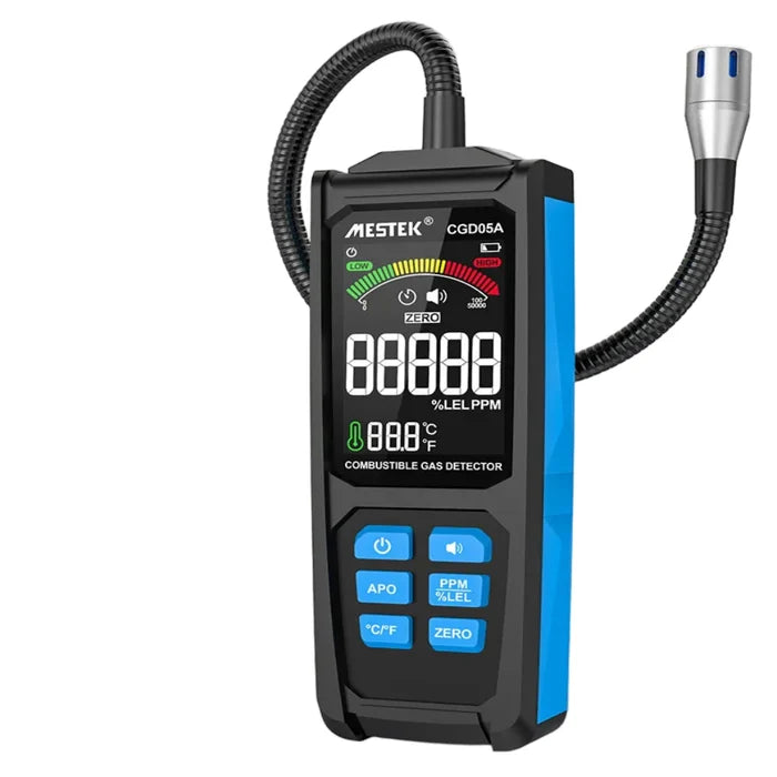 Habicare HBC gas leak detector measuring 0–50000PPM with digital display and sensor for detecting gas leaks.