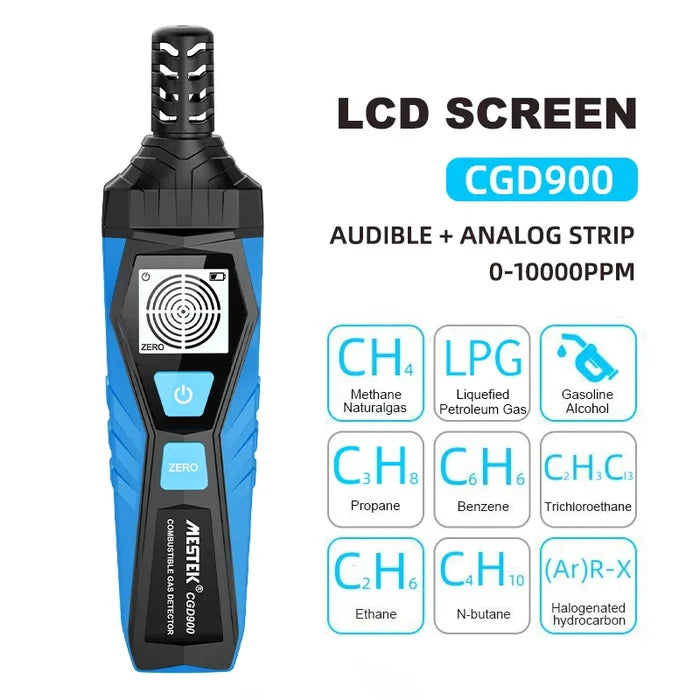 Habicare HBC gas leak detector showing digital display and sensor, used for detecting gas leaks up to 50,000 PPM.