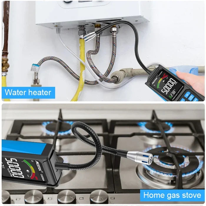 Habicare HBC gas leak detector showing a digital display with readings from 0 to 50,000 PPM for detecting gas leaks.