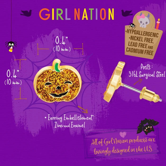 Girl Nation: Glitter Pumpkin Cutie Stud Halloween Hypoallergenic Earrings