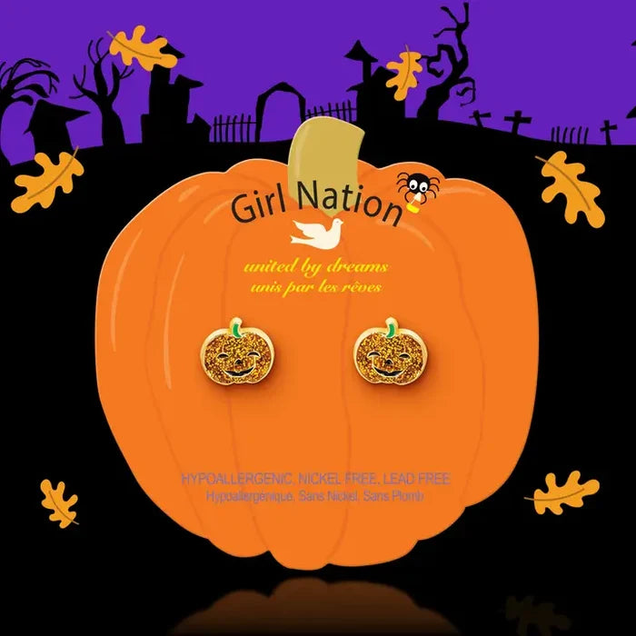 Girl Nation: Glitter Pumpkin Cutie Stud Halloween Hypoallergenic Earrings