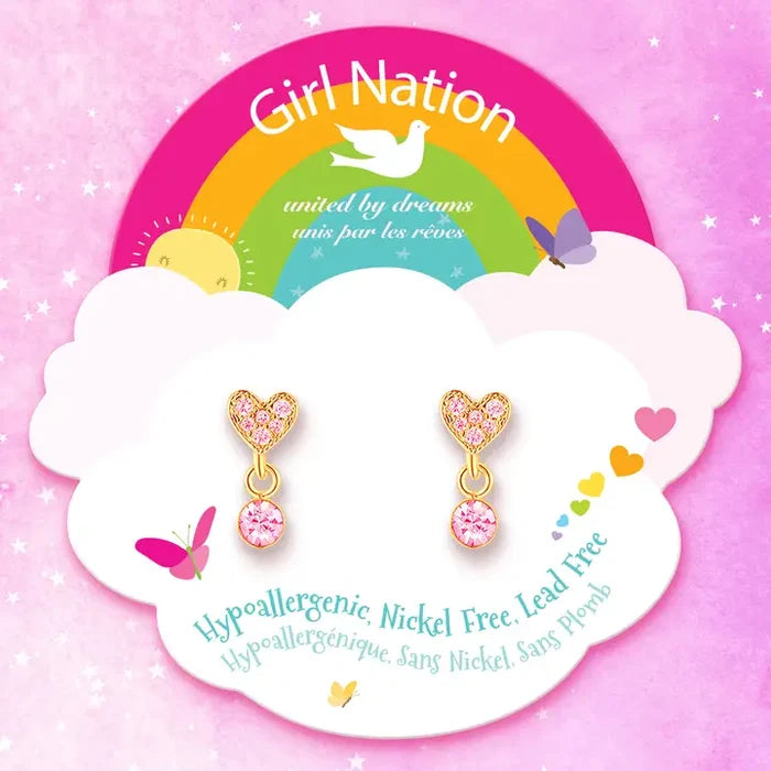 Girl Nation: Little Luxe Drop Hypoallergenic Earrings - Heart with Pink Gem