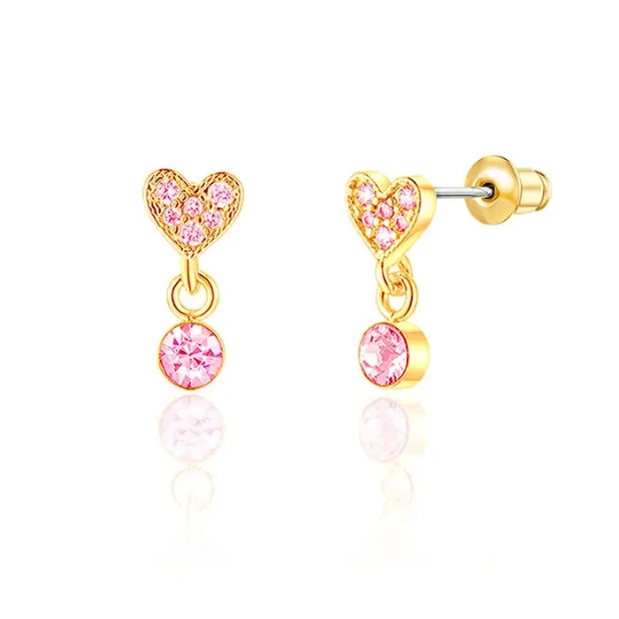 Girl Nation: Little Luxe Drop Hypoallergenic Earrings - Heart with Pink Gem
