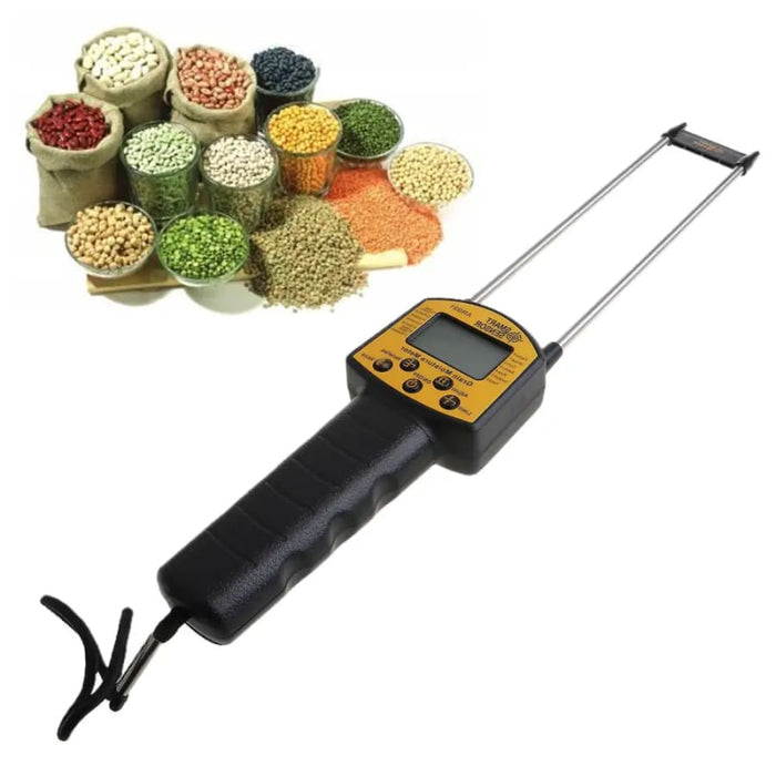 9eight5 grain moisture meter for corn, wheat, rice, beans, and fodder, showing digital display and testing grains.