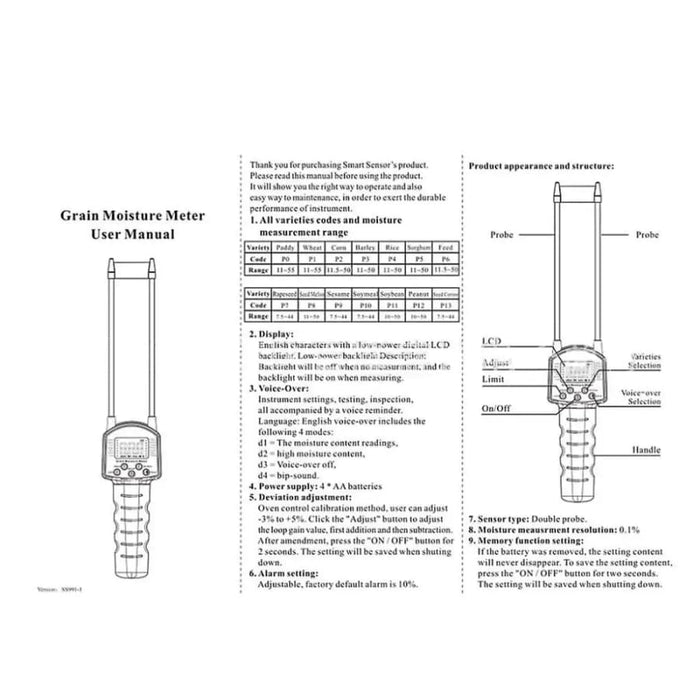 9eight5 grain moisture meter for corn, wheat, rice, beans, flour, fodder, and rapeseed, showing digital display and measurement probes.