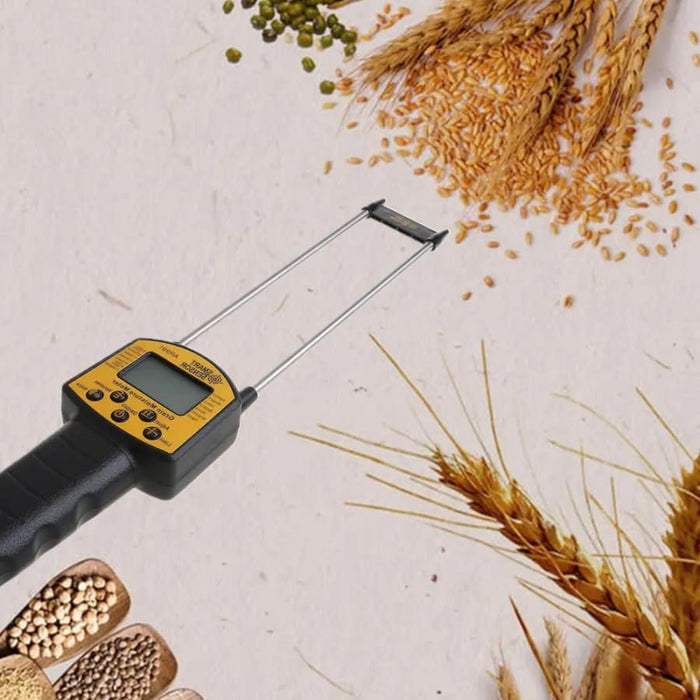 9eight5 grain moisture meter for corn, wheat, rice, beans, flour, fodder, and rapeseed, showing digital display and measurement probes.