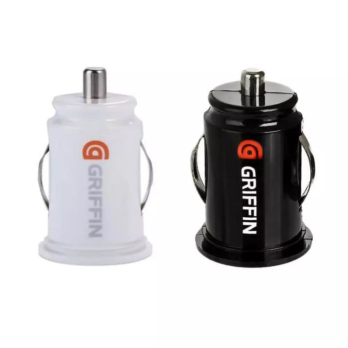 9eight5 Griffin car charger connected to a vehicle's power outlet, charging a smartphone with a compact, portable design.