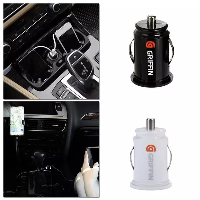 9eight5 Griffin car charger connected to a vehicle's power outlet, designed for charging phones and tablets.