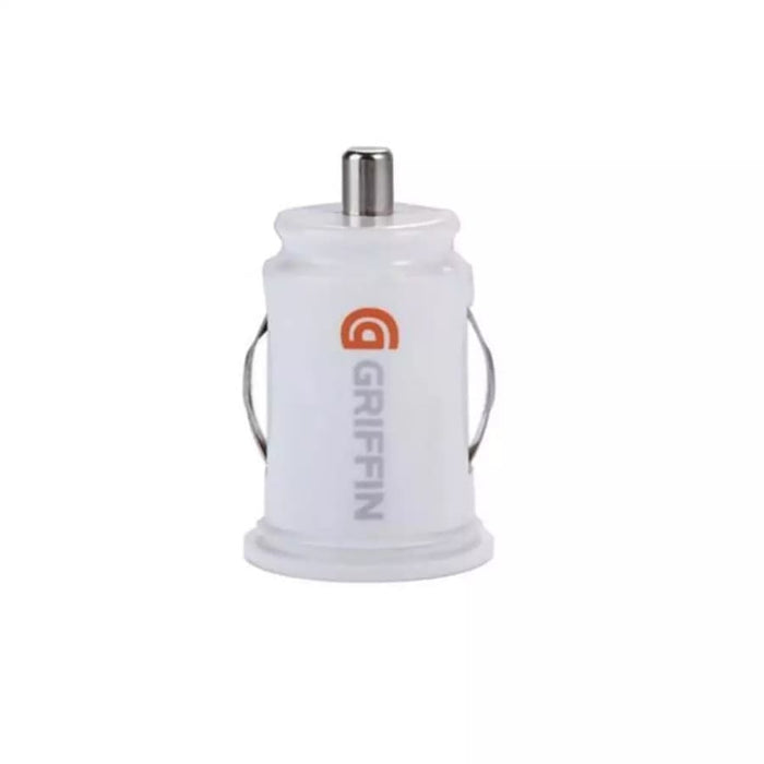 White Griffin car charger by 9eight5 for phone and tablet accessories, shown plugged into a vehicle's cigarette lighter port