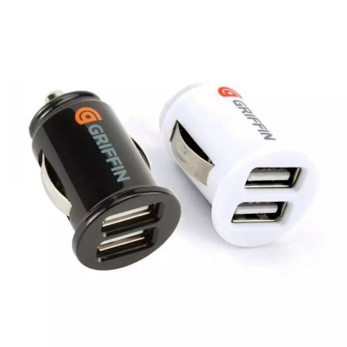 White Griffin car charger by 9eight5 for phones and tablets, compact accessory with USB ports for in-car charging.