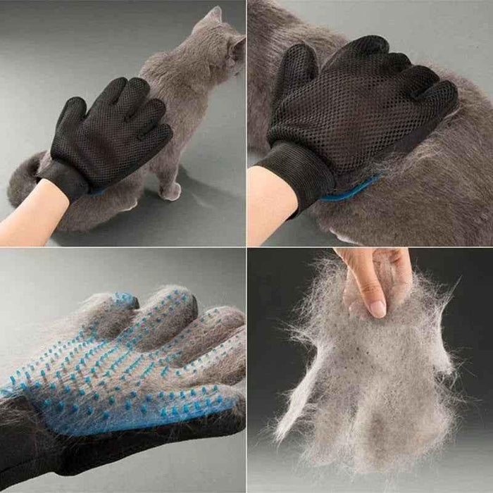 Cool Kitty Cat Litter pet grooming glove for shedding, shown on left hand, designed for effective pet hair removal.