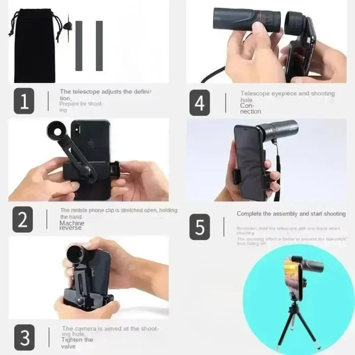 HD Monocular Telescope by Habicare, compact portable SS model, showing close-up view of the telescope with phone adapter attachment.