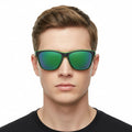 Sport sunglasses with HD polarized lenses, anti-blue ray coating, hydrophobic finish, available in four colors.