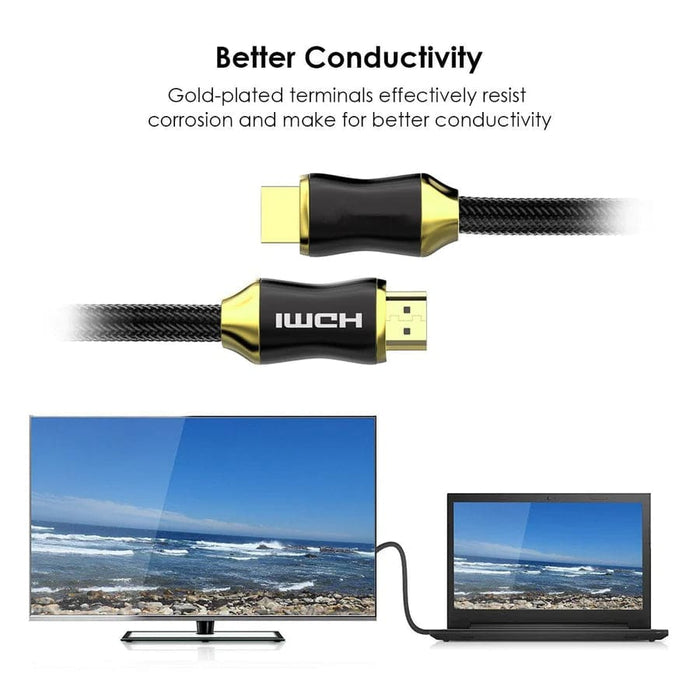 9eight5 HDMI computer and TV cable in 2m, 3m, or 5m length showing connectors for high-definition audio and video transfer.