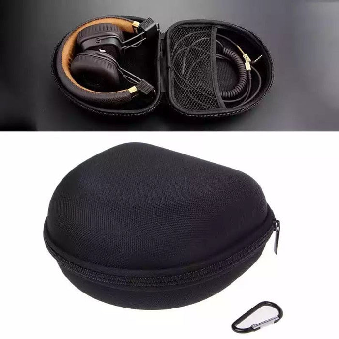Black 9eight5 headphones protective case for phone and tablet accessories, with zipper closure and compact design.