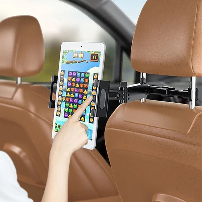 9eight5 iPad and tablet headrest holder attached to car seat for hands-free viewing, compatible with various tablets and iPads.