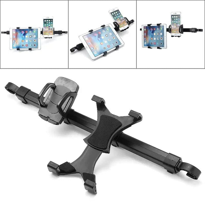 9eight5 universal headrest holder for iPad and tablets, mounted on car headrest, adjustable and secure for passenger entertainment.