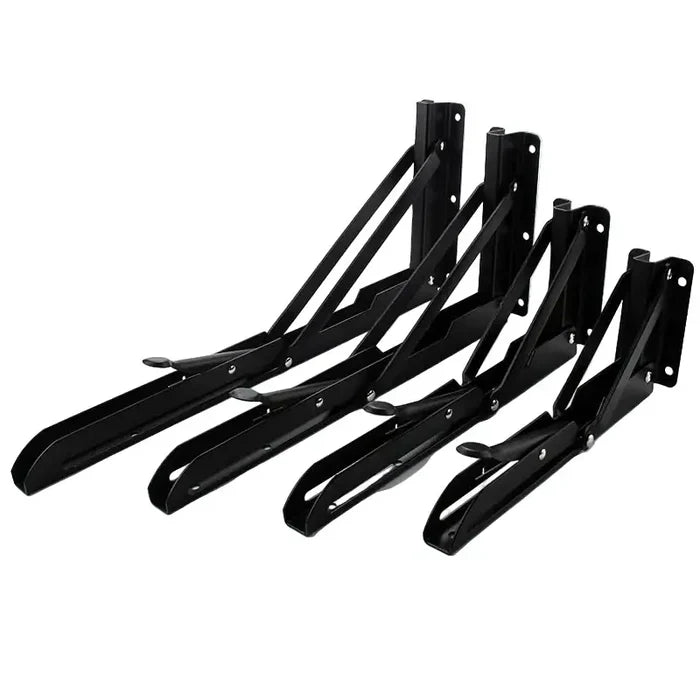 Heavy-duty Habicare HBC folding shelf brackets for RV and caravan tables, shown in a set of two installed for sturdy support.
