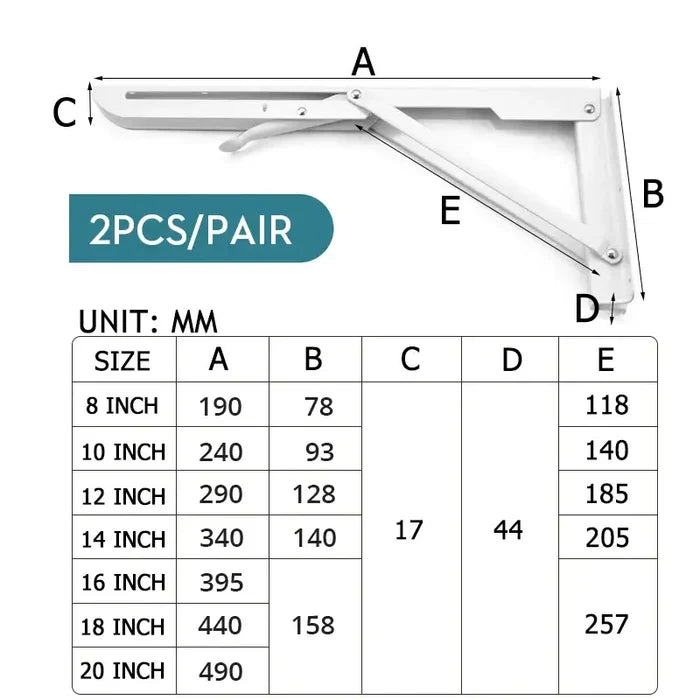Heavy-duty folding shelf brackets for RV and caravan tables, Habicare HBC brand, shown in a set of two brackets.