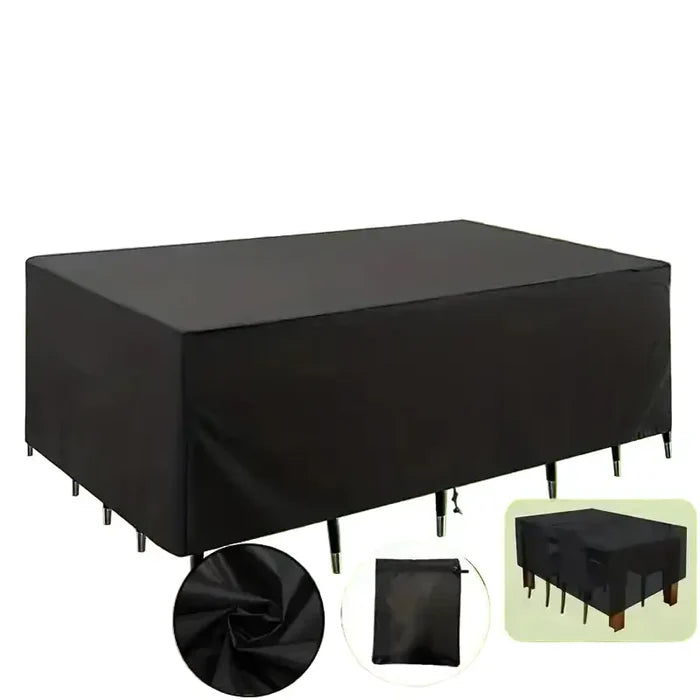 Heavy-duty black waterproof patio furniture cover with square design by Habicare, protecting outdoor furniture from weather.
