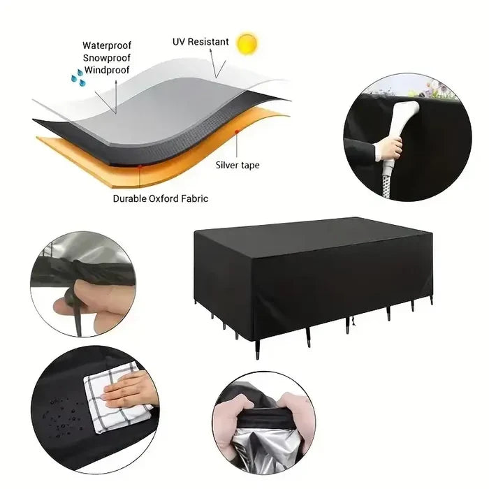 Heavy-duty black waterproof patio furniture cover by Habicare, square design, protects outdoor furniture from weather damage.