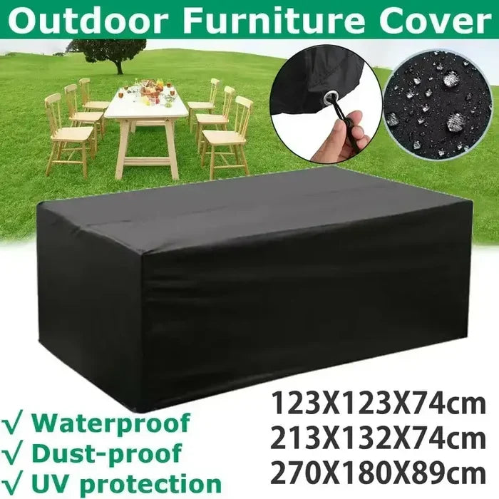 Heavy-duty black waterproof patio furniture cover with square design by Habicare, protects outdoor furniture from weather.