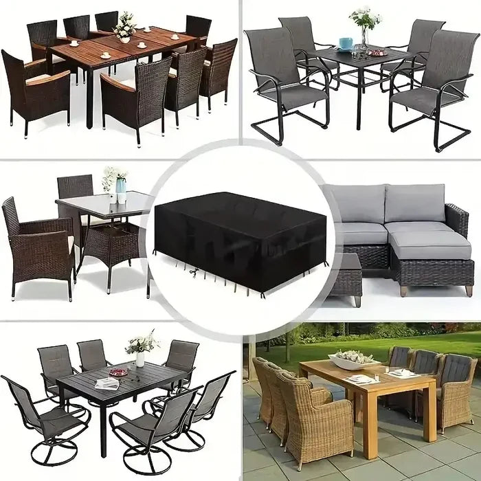 Heavy-duty black waterproof patio furniture cover with square design, fits outdoor furniture to protect against weather.
