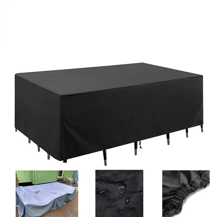 Heavy-duty black waterproof patio furniture cover with square design from Habicare, protects outdoor furniture from weather elements.