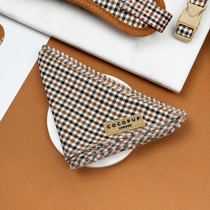 Heritage Check Bandana by Cocopup London in classic check pattern displayed on a white round surface.