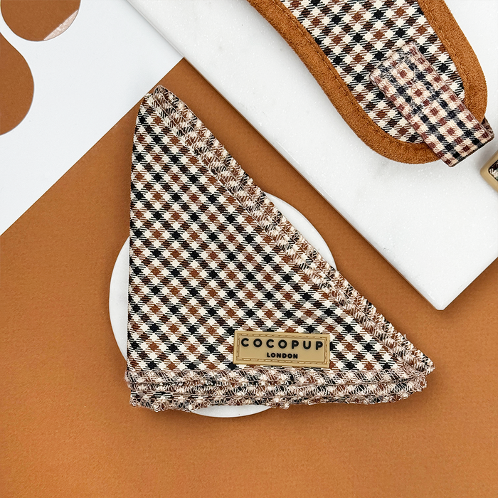 Heritage Check Bandana by Cocopup London featuring a classic plaid pattern displayed on a white plate.