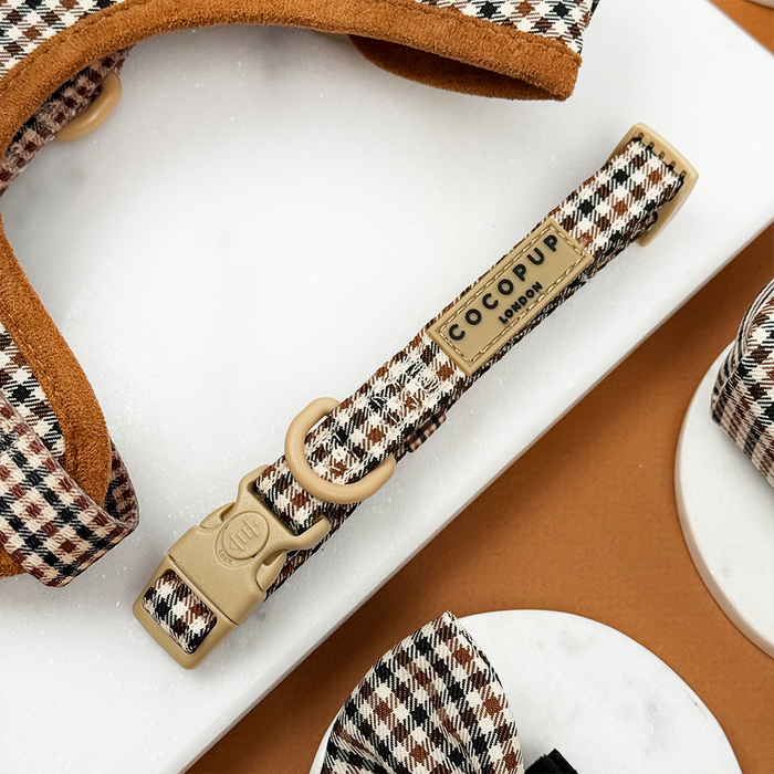 Beige and brown check collar and lead set by Cocopup London on a white surface.