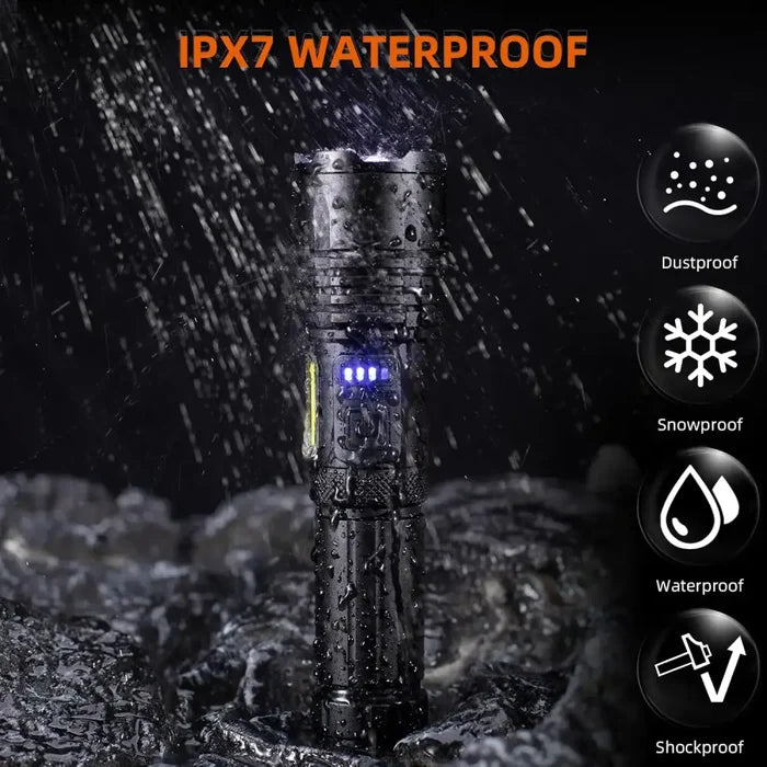 Habicare SS high-power rechargeable LED flashlight with a durable black body and adjustable focus, suitable for outdoor use.