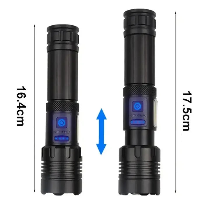 Habicare SS high-power rechargeable LED flashlight with a durable black body and focused beam for outdoor or emergency use.