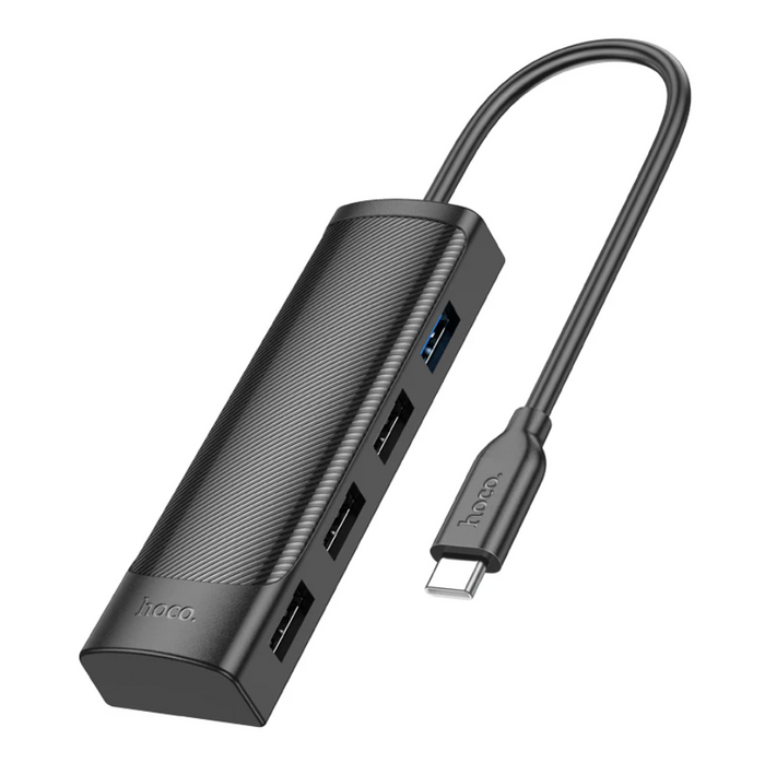Techplus Hoco USB-C to USB-A 4-in-1 expansion hub with 5Gbps data transfer, showing ports and sleek black design.