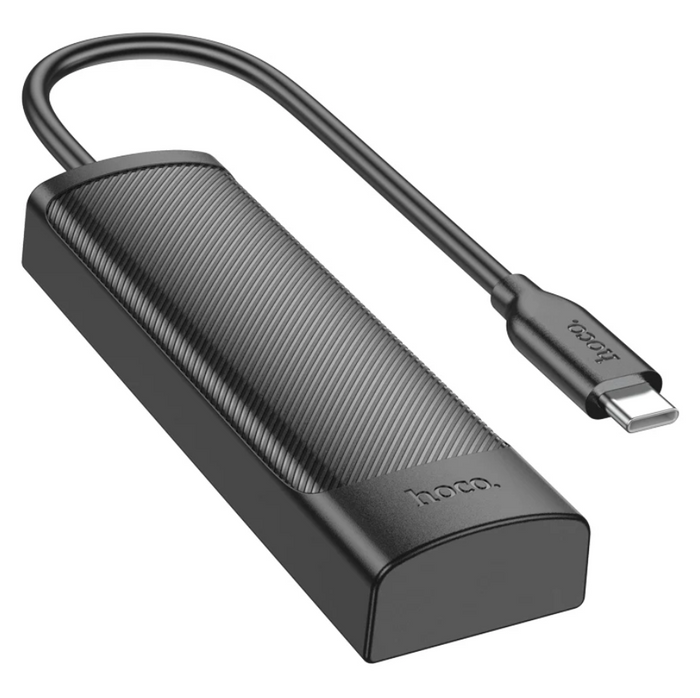 Techplus Hoco USB-C to USB-A 4-in-1 expansion hub with 5Gbps transfer speeds, showing ports and sleek design.