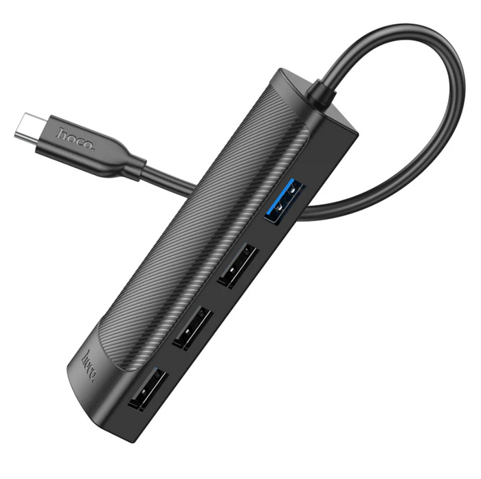 Techplus Hoco USB-C to USB-A 4-in-1 expansion hub with 5Gbps transfer speed, featuring multiple USB ports for versatile connectivity.