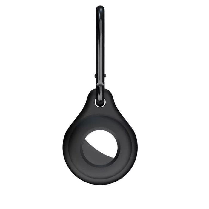 Black Apple Air Tag holder with a pan handle designed for secure attachment and easy tracking.