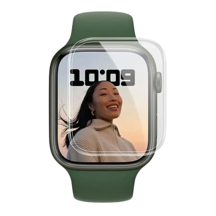 Hydrogel screen protector for Apple Watch SE 2nd Gen 44mm, showing the clear protective film on a green smartwatch screen.