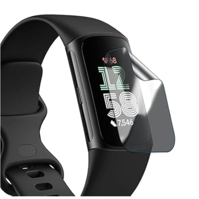 Black hydrogel screen protector for Fitbit Charge 6 fitness tracker, pack of 6, shows installed on the device with a sleek design.