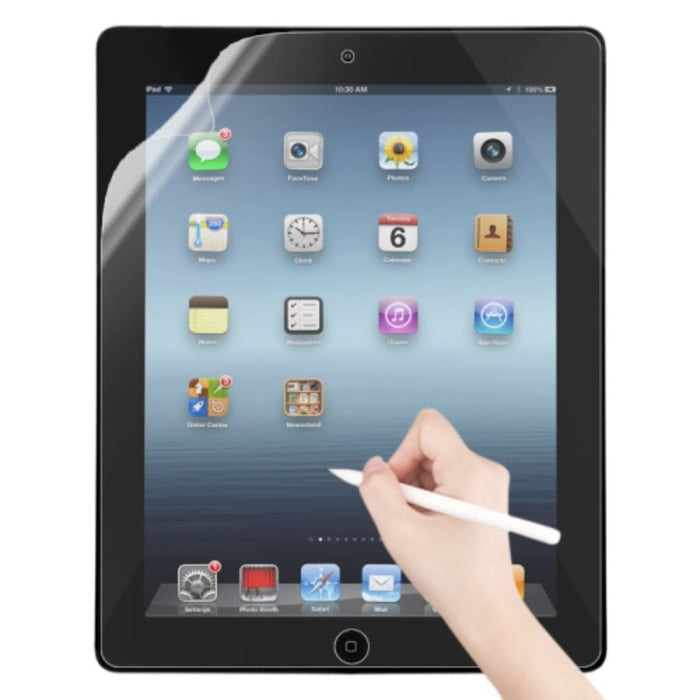 Hydrogel screen protectors for iPad 2, 3, 4 9.7-inch by 9eight5, showing the clear protective film on a tablet screen.
