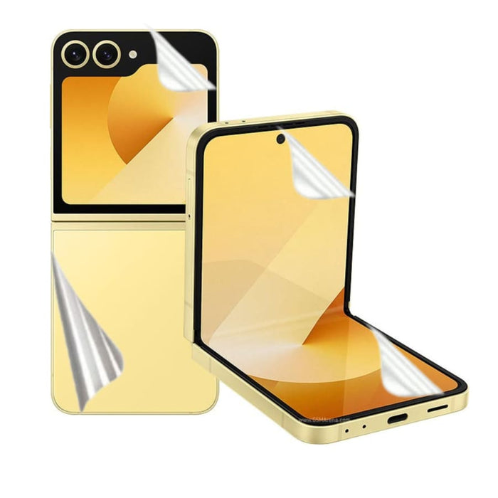 Hydrogel screen protector for Samsung Galaxy Z Flip 6 by 9eight5, showing a clear, flexible film fitted on the phone screen.