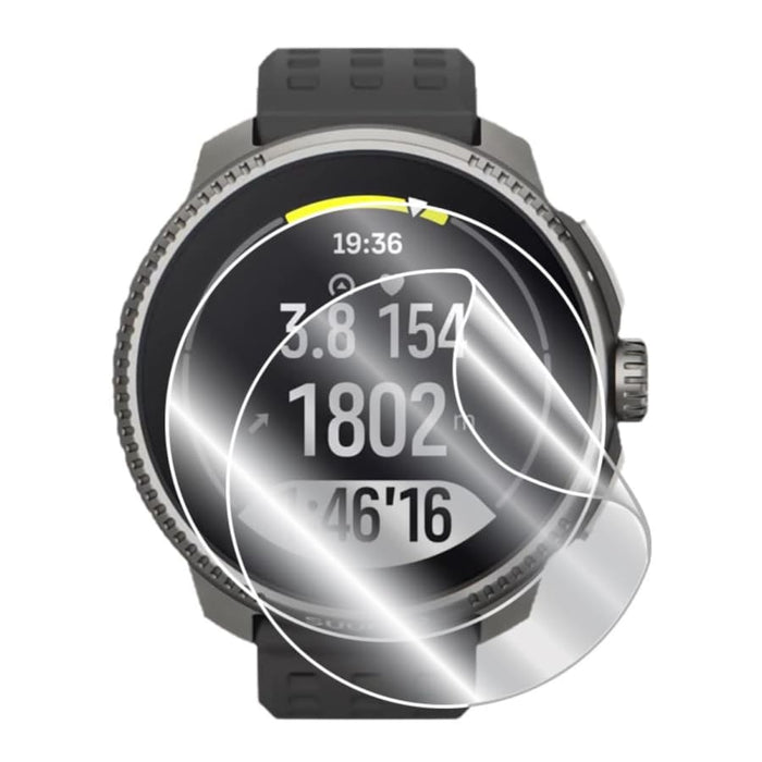 Hydrogel screen protector for Suunto Race watch, showing clear flexible material and precise cutouts for screen protection.